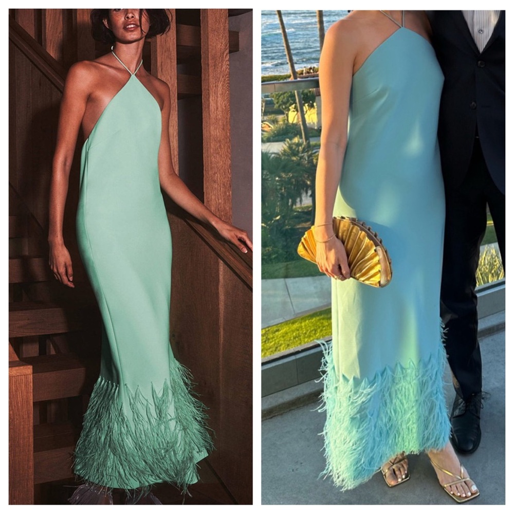 ALEXIS Izzie Maxi Column Halter Feather Dress in Jade Green Small